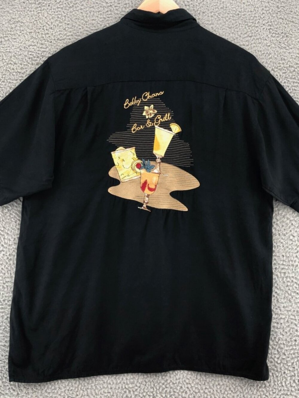 Bobby Chan Shirt Mens Large Black Silk Embroidered Cocktails Bar Grill Button Up